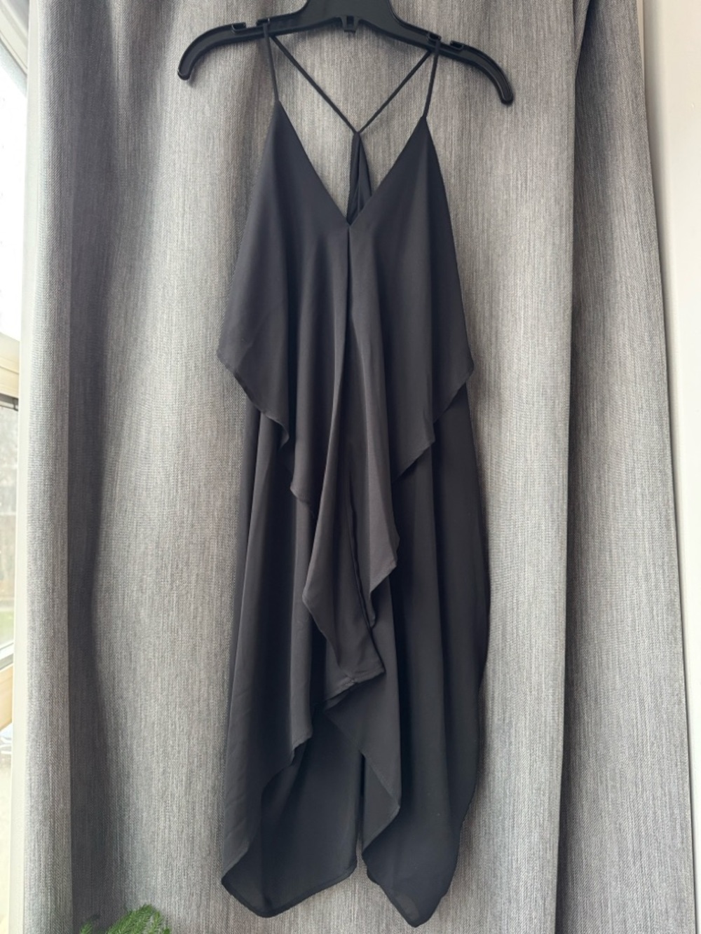 Black V-Neck Spaghetti Strap Handkerchief Mini Dress